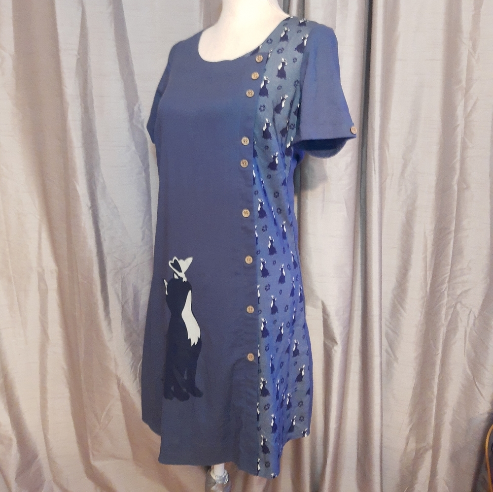 Joe Browns Cat print short sleeve blue shift dress UK 8 viscose/ linen blend - Picture 1 of 10